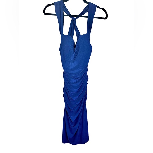 [ LAUNDRY by SHELLI SEGAL ] Deep Blue Crossed Back Ruched Midi Dress : Sz 4 - Picture 1 of 4